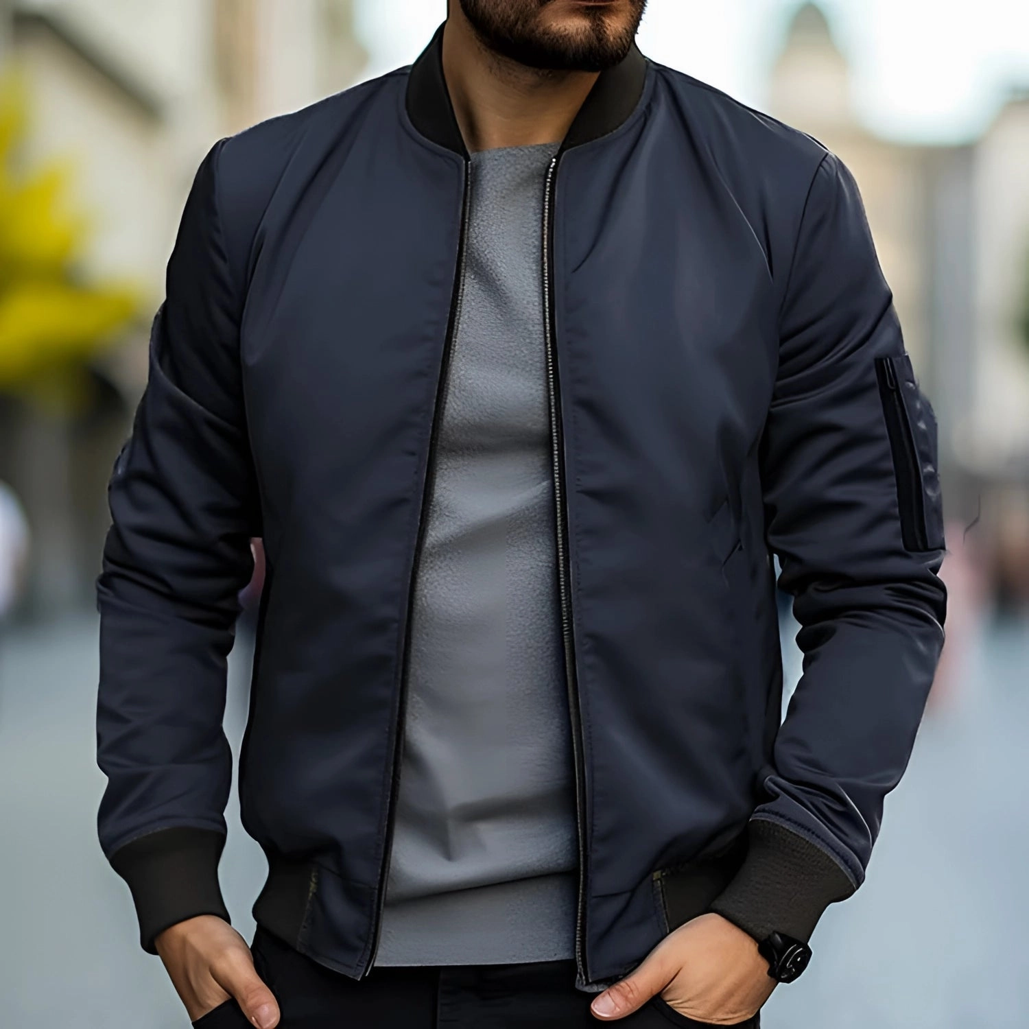 Men's Black Bomber Jacket - Lightweight Urban Streetwear