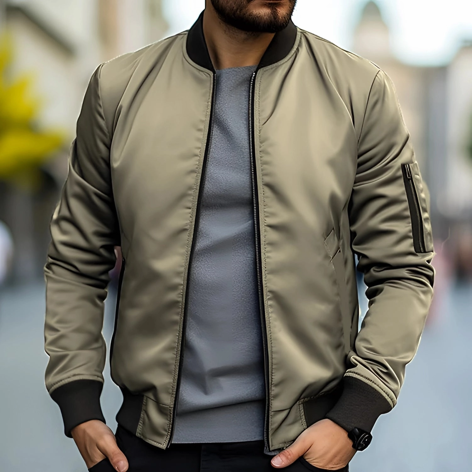 Men's Black Bomber Jacket - Lightweight Urban Streetwear