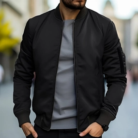 Men's Black Bomber Jacket - Lightweight Urban Streetwear