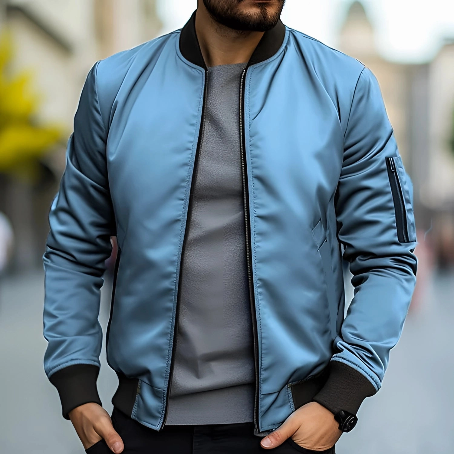 Men's Black Bomber Jacket - Lightweight Urban Streetwear