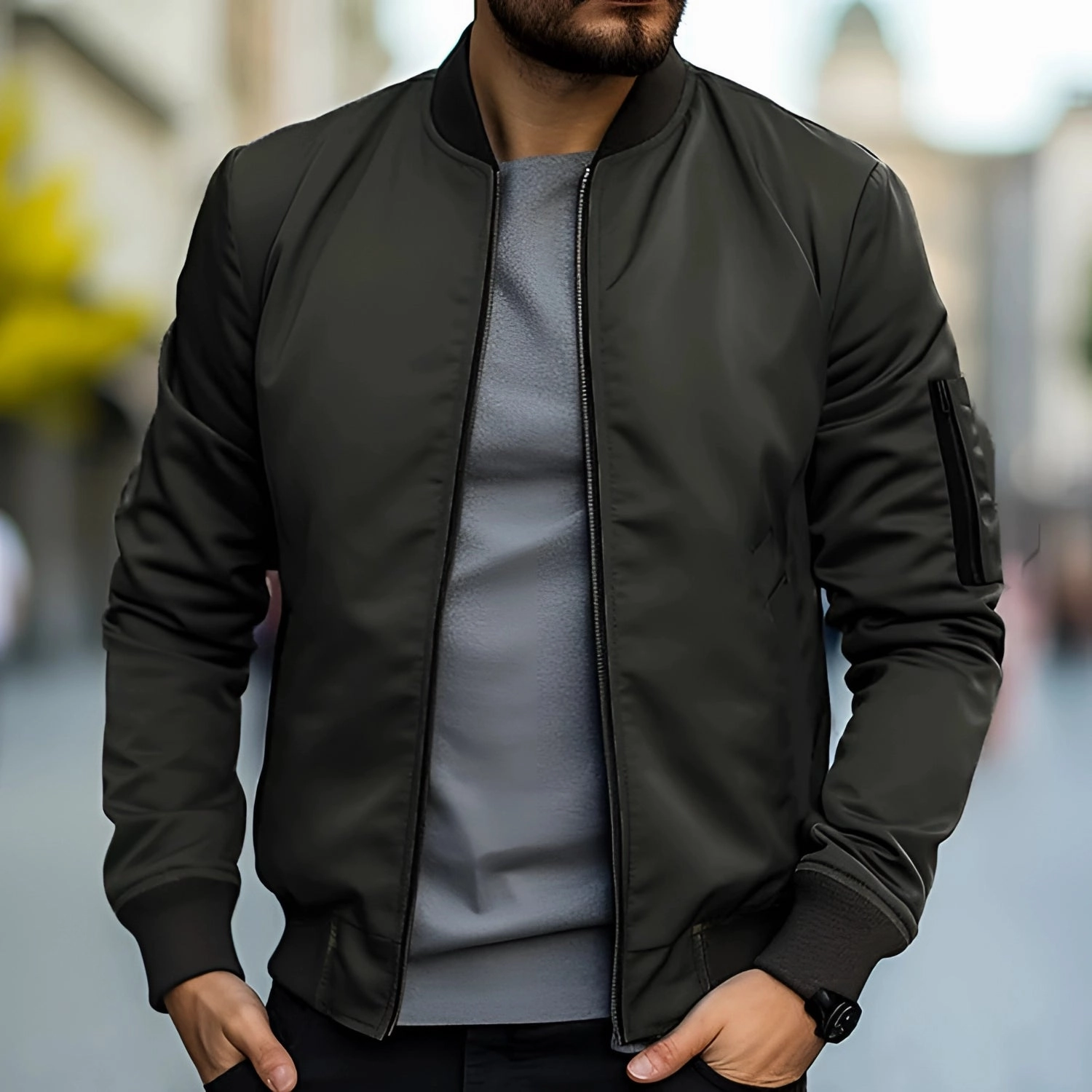Men's Black Bomber Jacket - Lightweight Urban Streetwear