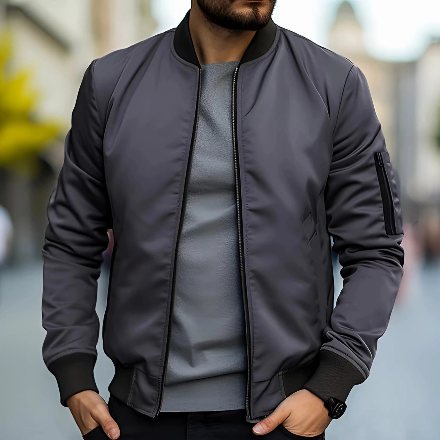 Men's Black Bomber Jacket - Lightweight Urban Streetwear