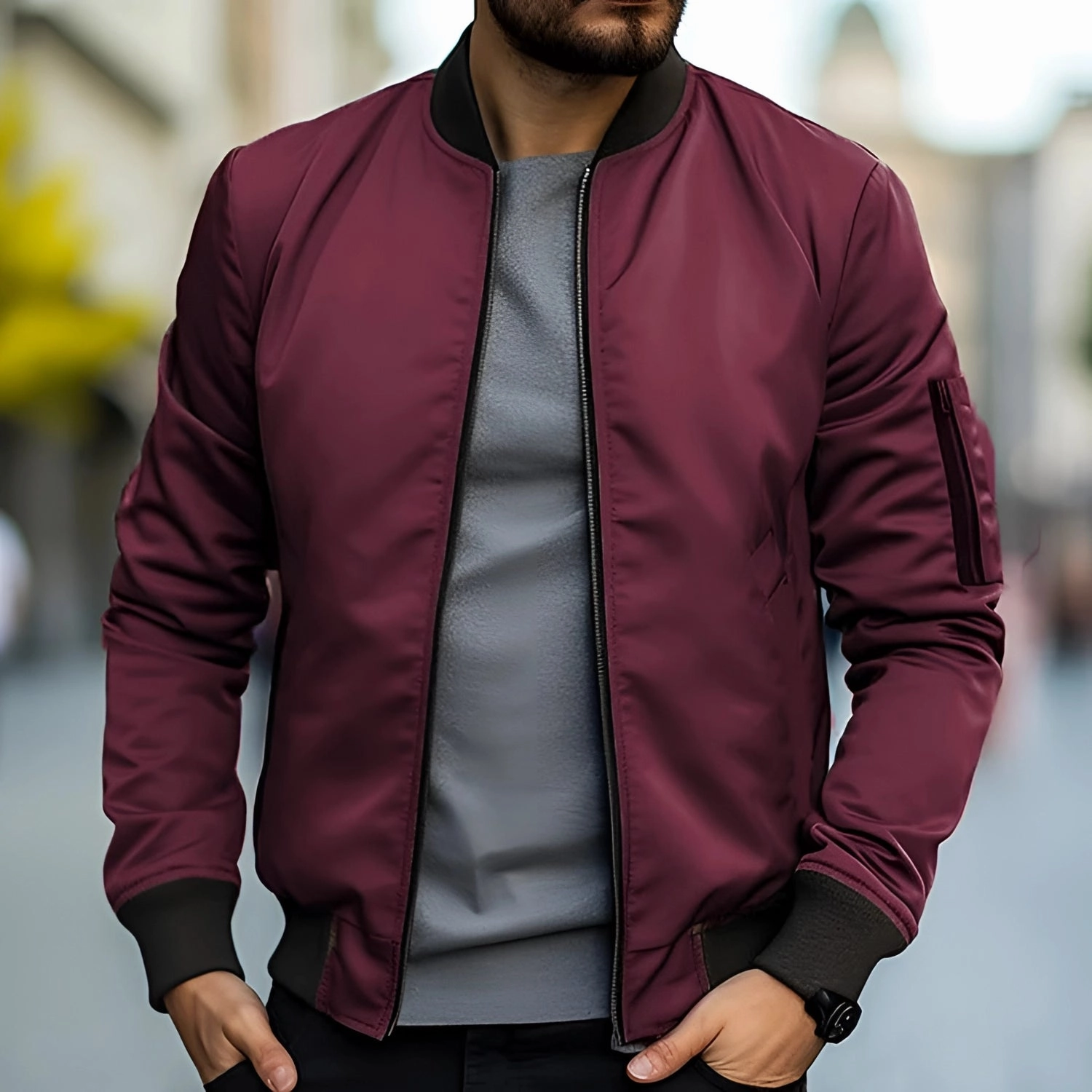 Men's Black Bomber Jacket - Lightweight Urban Streetwear