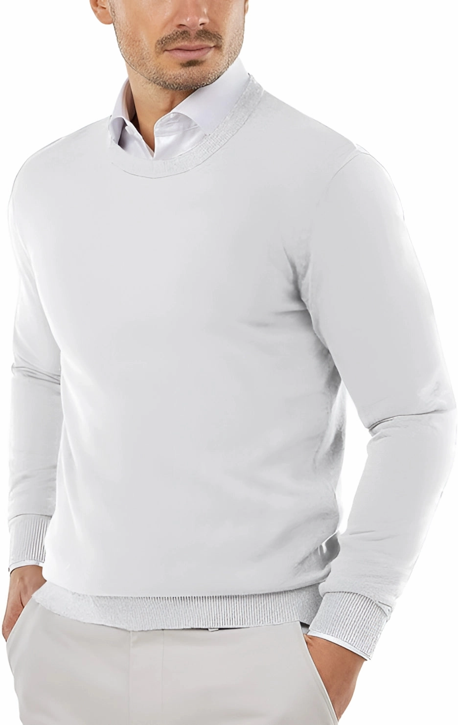 Men's Blue Wool Crewneck Sweater - Lightweight, Fitted, Stylish