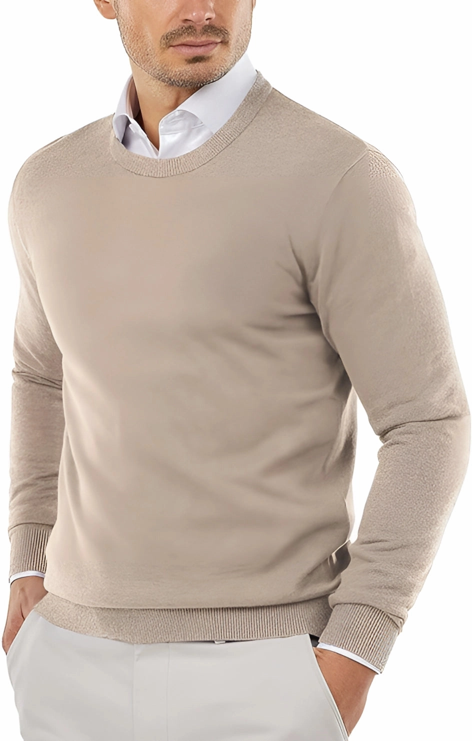 Men's Blue Wool Crewneck Sweater - Lightweight, Fitted, Stylish