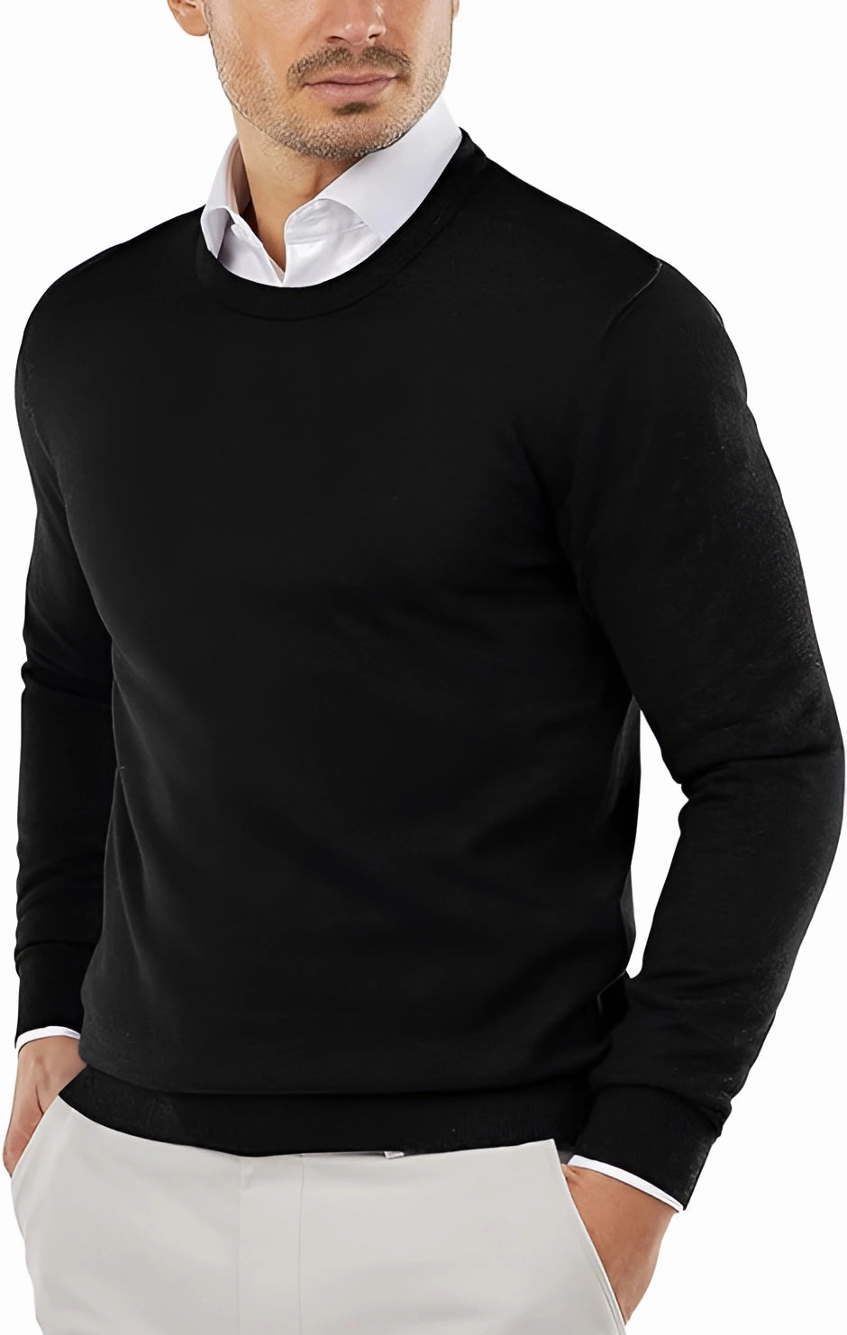 Men's Blue Wool Crewneck Sweater - Lightweight, Fitted, Stylish