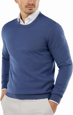 Men's Blue Wool Crewneck Sweater - Lightweight, Fitted, Stylish