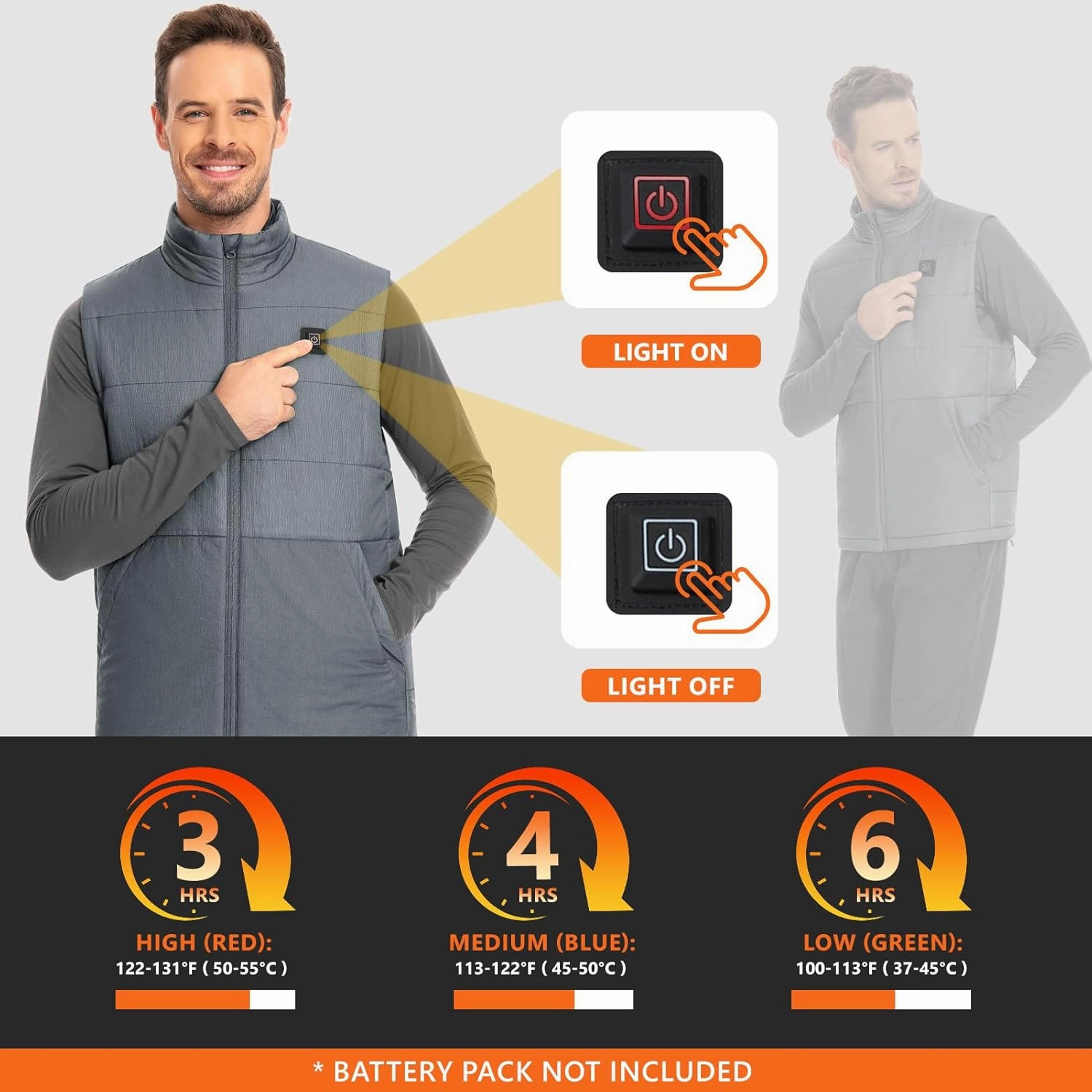 Men's Heated Vest Water-resistant USB Rechargeable Washable Electric Winter Heating Vests (Battery Pack Not Included)