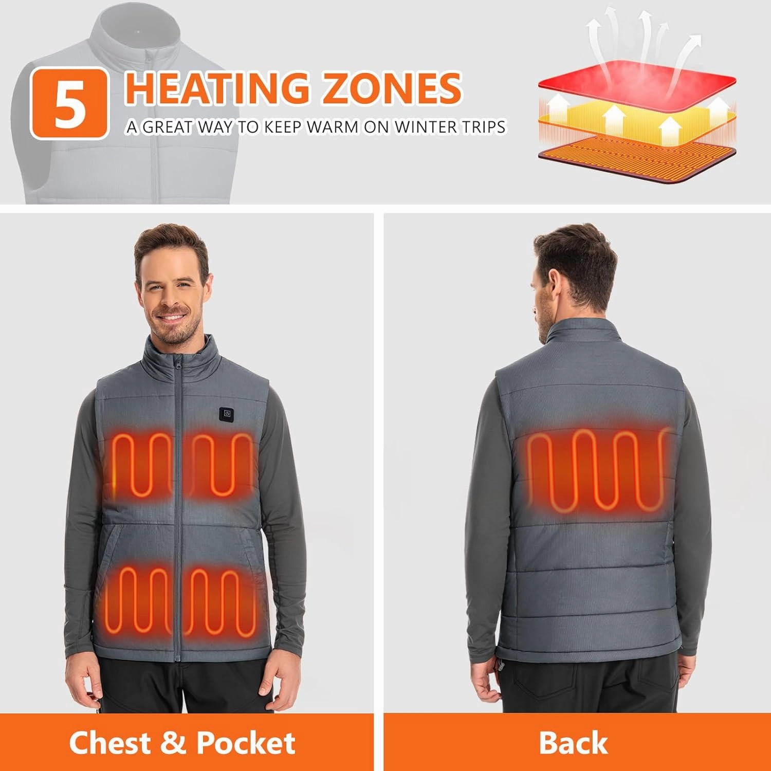 Men's Heated Vest Water-resistant USB Rechargeable Washable Electric Winter Heating Vests (Battery Pack Not Included)