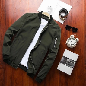 Men's Olive Green Lightweight Bomber Jacket with Zipper Pocket