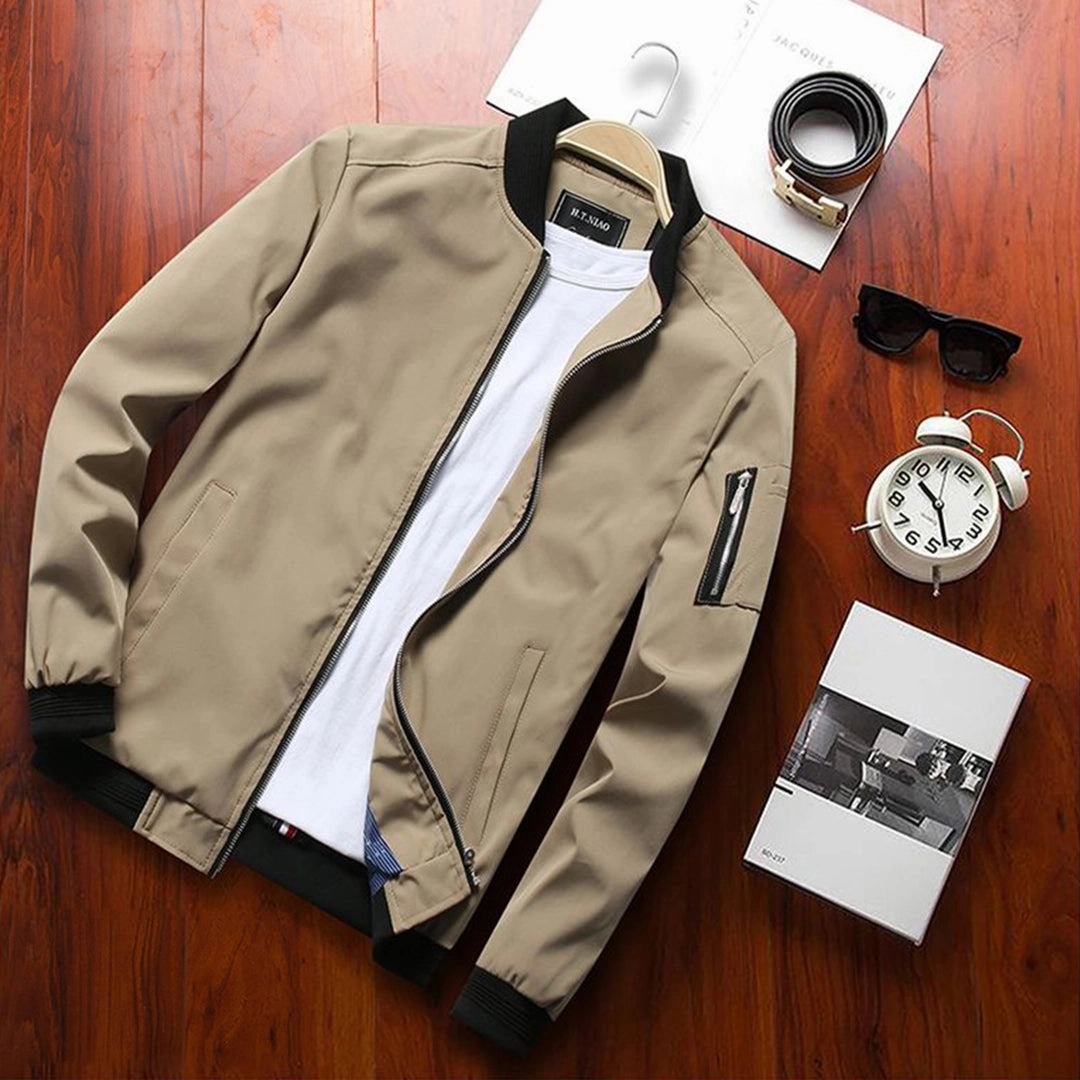 Men's Olive Green Lightweight Bomber Jacket with Zipper Pocket