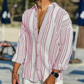 Men's Striped Linen Shirt - Casual Lightweight Beachwear