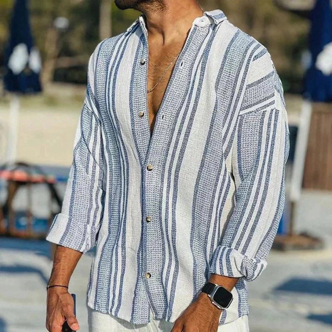 Men's Striped Linen Shirt - Casual Lightweight Beachwear