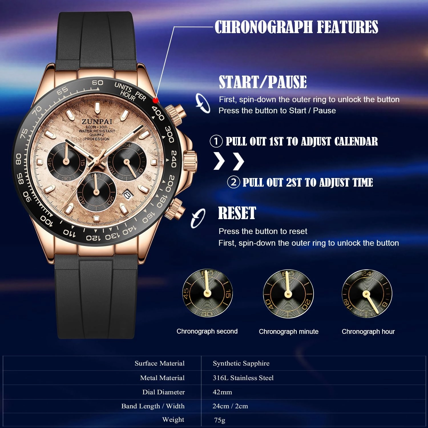Men's Watch Panda Chronograph Dial Fashion Quartz Movement Wrist Watch Analog Business Waterproof Scratch Resistant Silicone Strap Rubber Band Sports Watches for Men