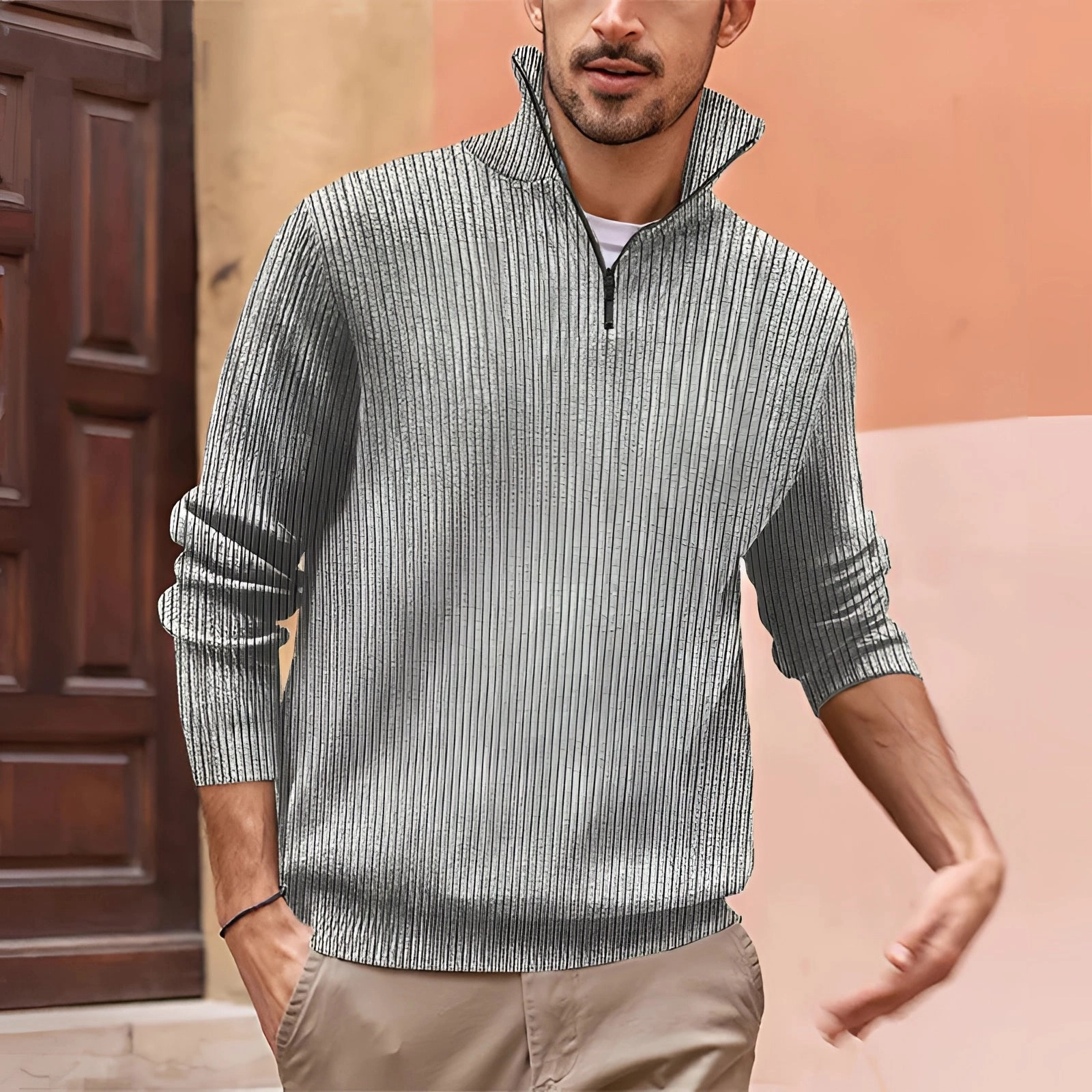 Men's White Ribbed Half-Zip Sweater - Casual Lightweight Knitwear