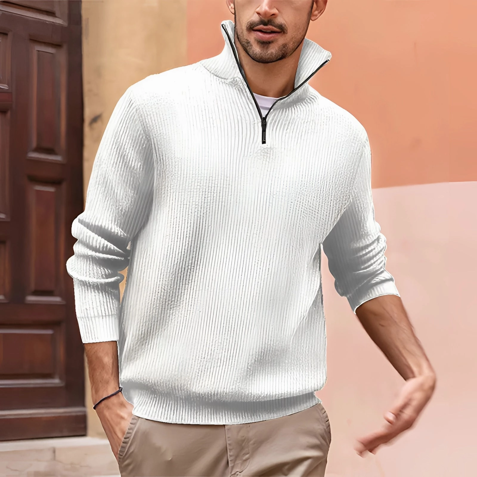 Men's White Ribbed Half-Zip Sweater - Casual Lightweight Knitwear