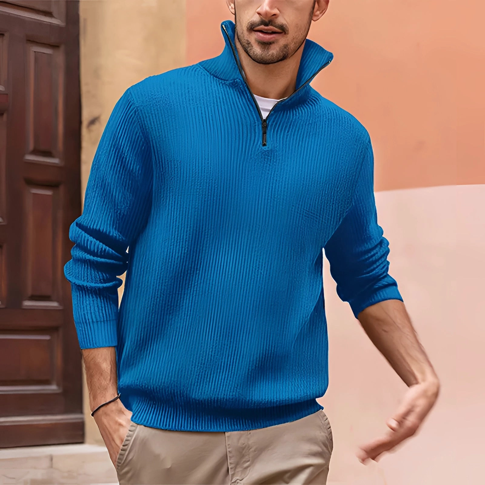 Men's White Ribbed Half-Zip Sweater - Casual Lightweight Knitwear