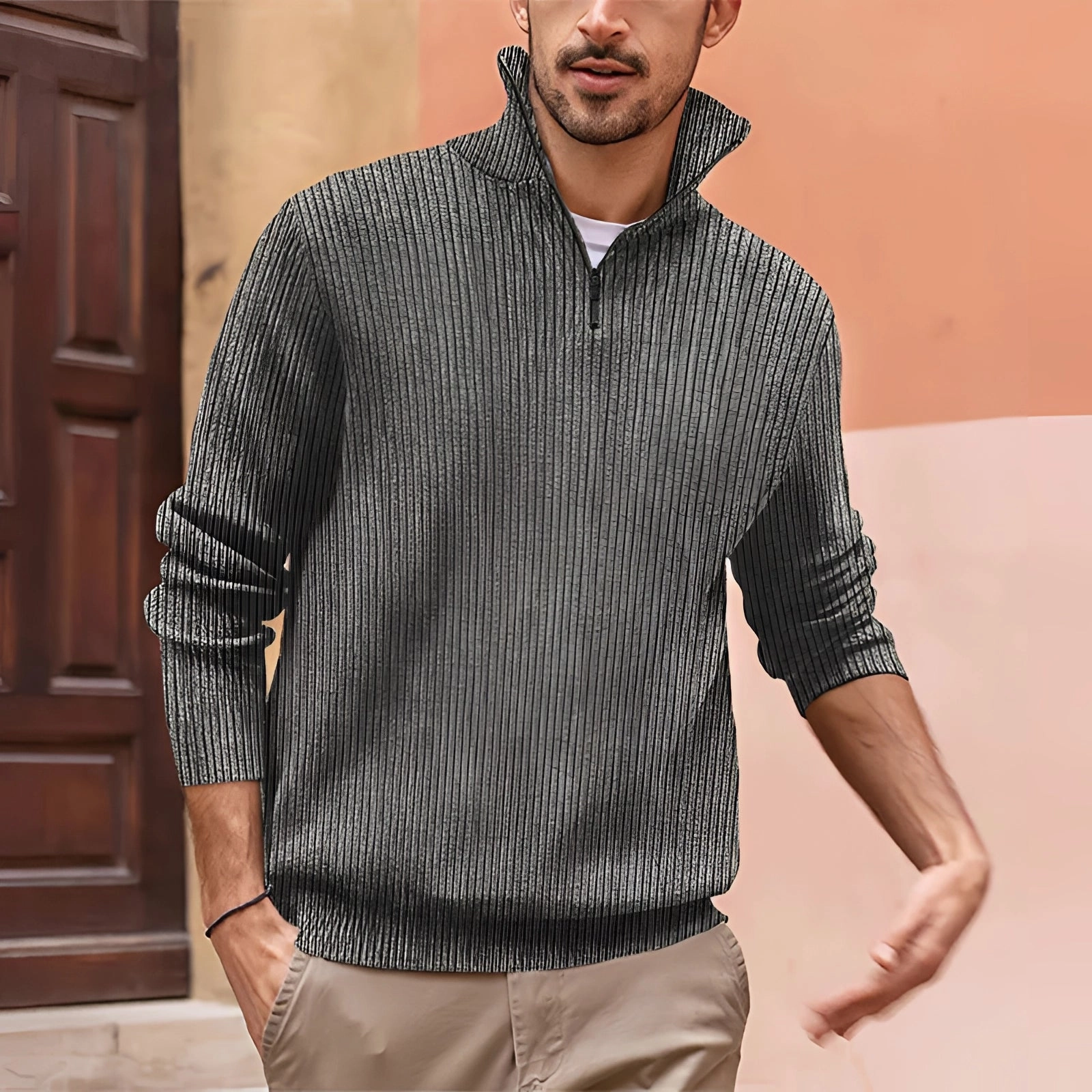 Men's White Ribbed Half-Zip Sweater - Casual Lightweight Knitwear