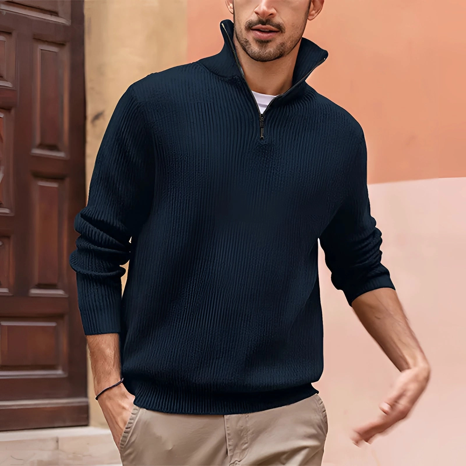 Men's White Ribbed Half-Zip Sweater - Casual Lightweight Knitwear