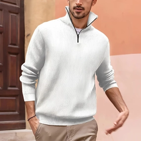 Men's White Ribbed Half-Zip Sweater - Casual Lightweight Knitwear
