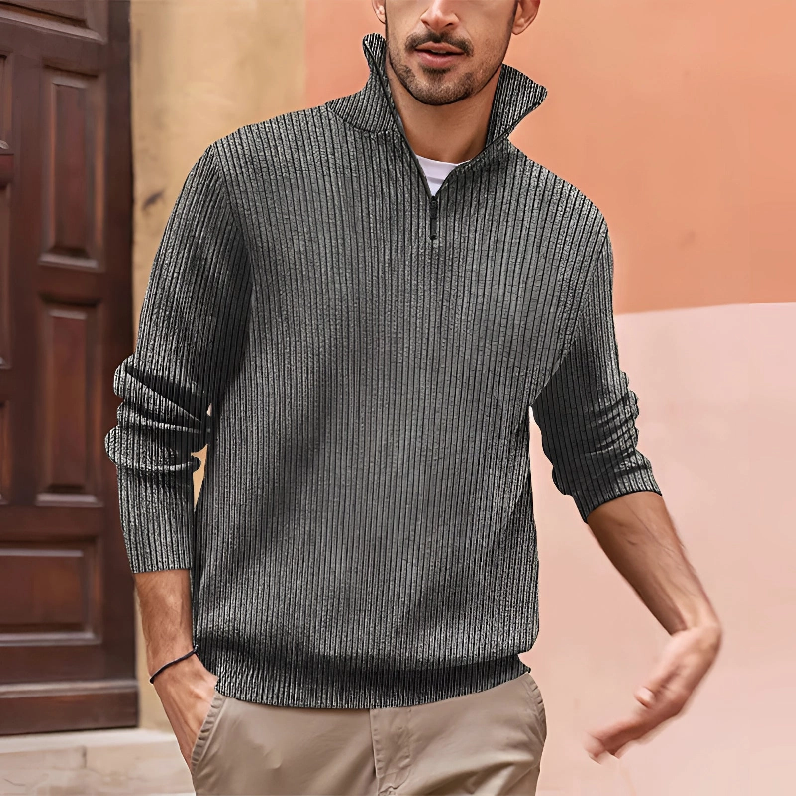 Men's White Ribbed Half-Zip Sweater - Casual Lightweight Knitwear