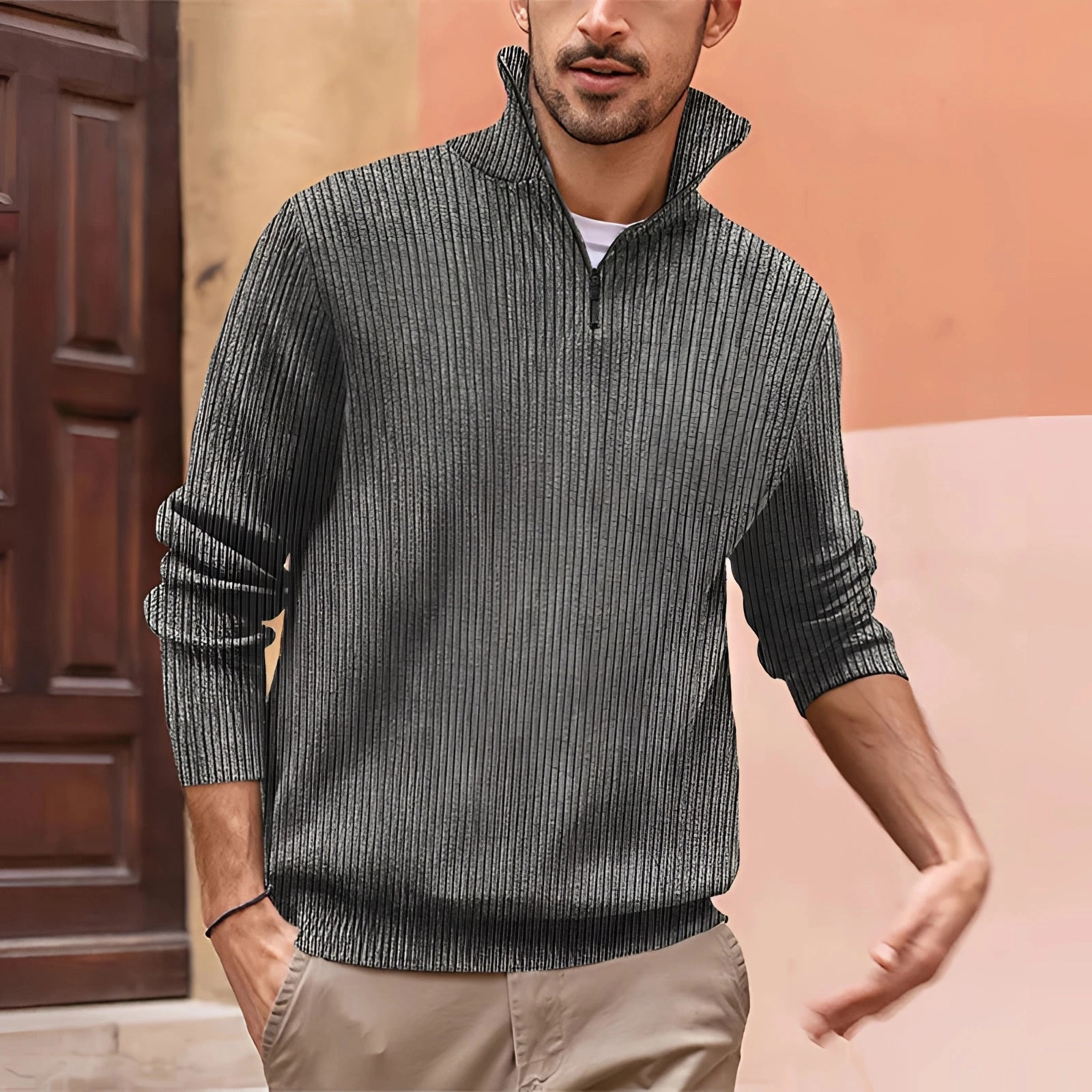 Men's White Ribbed Half-Zip Sweater - Casual Lightweight Knitwear