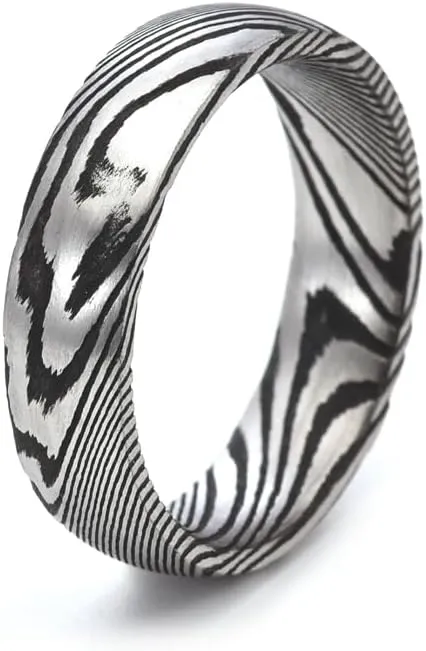 Men's Damascus Steel Ring Natural Meteorite Patterns 6mm Width Ideal for Everyday Wear Gift Size8-12 (8#)