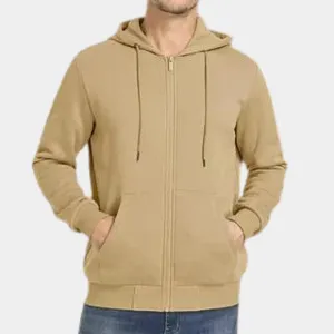 Men's Fleece-Lined Tan Zip-Up Hoodie - Lightweight Everyday Comfort