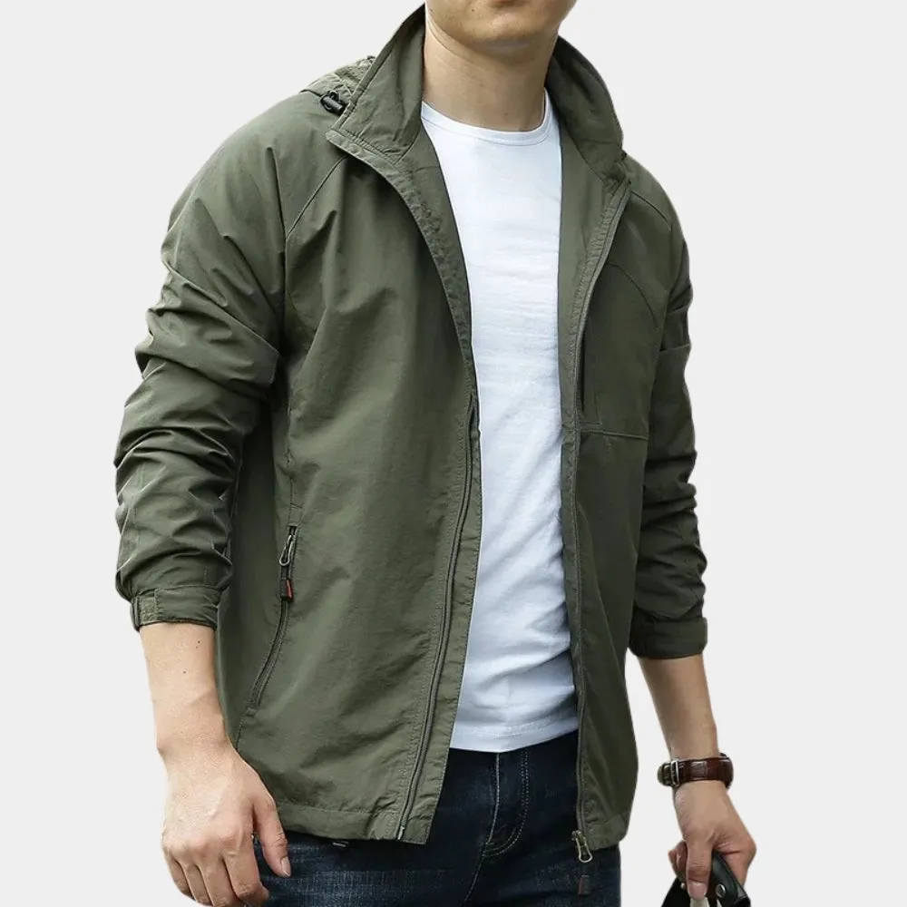 Men's Olive Green Hooded Cargo Jacket - Lightweight Urban Windbreaker