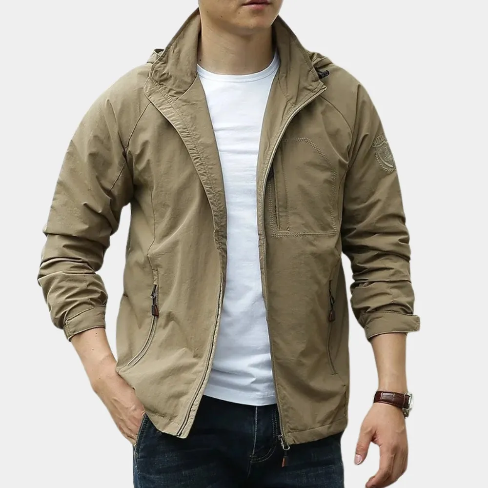 Men's Olive Green Hooded Cargo Jacket - Lightweight Urban Windbreaker