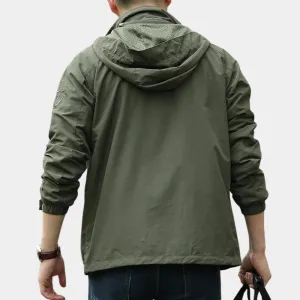 Men's Olive Green Hooded Cargo Jacket - Lightweight Urban Windbreaker