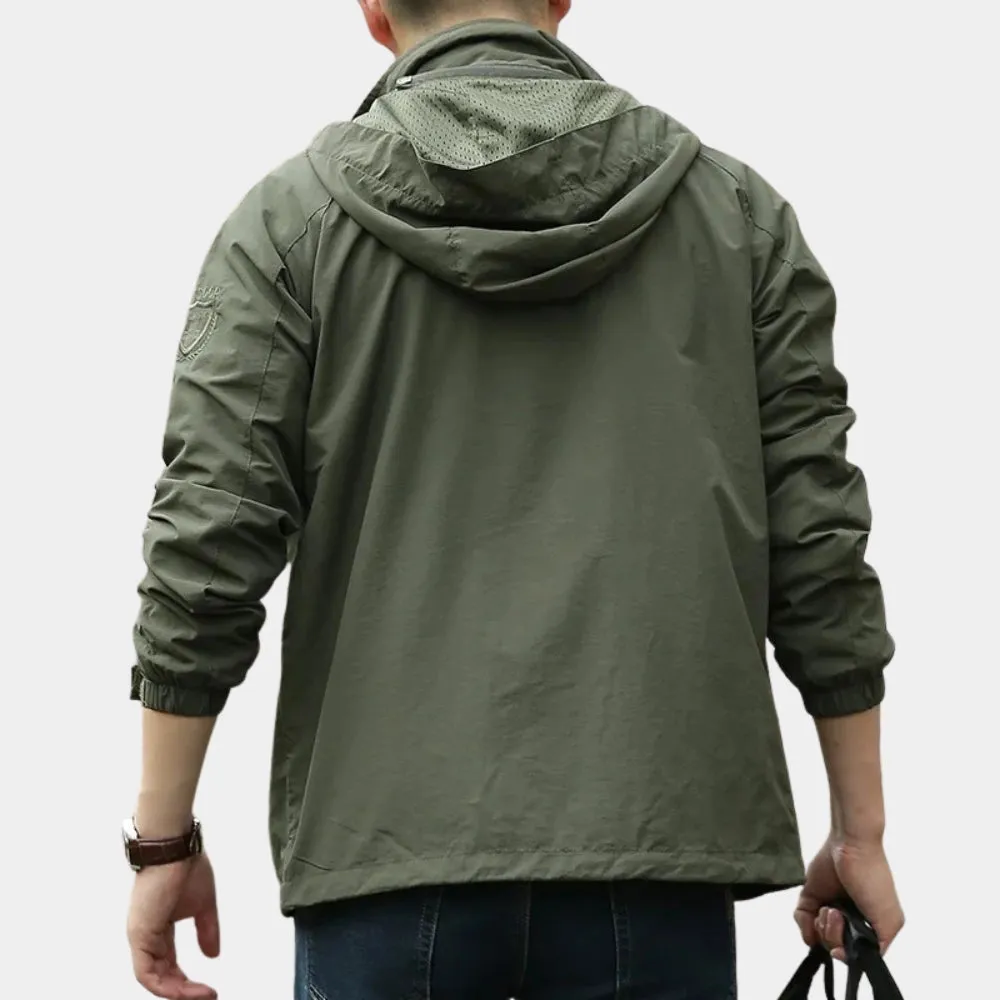 Men's Olive Green Hooded Cargo Jacket - Lightweight Urban Windbreaker