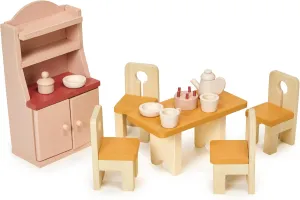 Mentari Toys - Dining Room - Wooden Dollhouse Furniture Set for Dollhouse Dining Room - Furniture Incl Table, 4 Charis, Sideboard and Other Accessories - Age 3 
