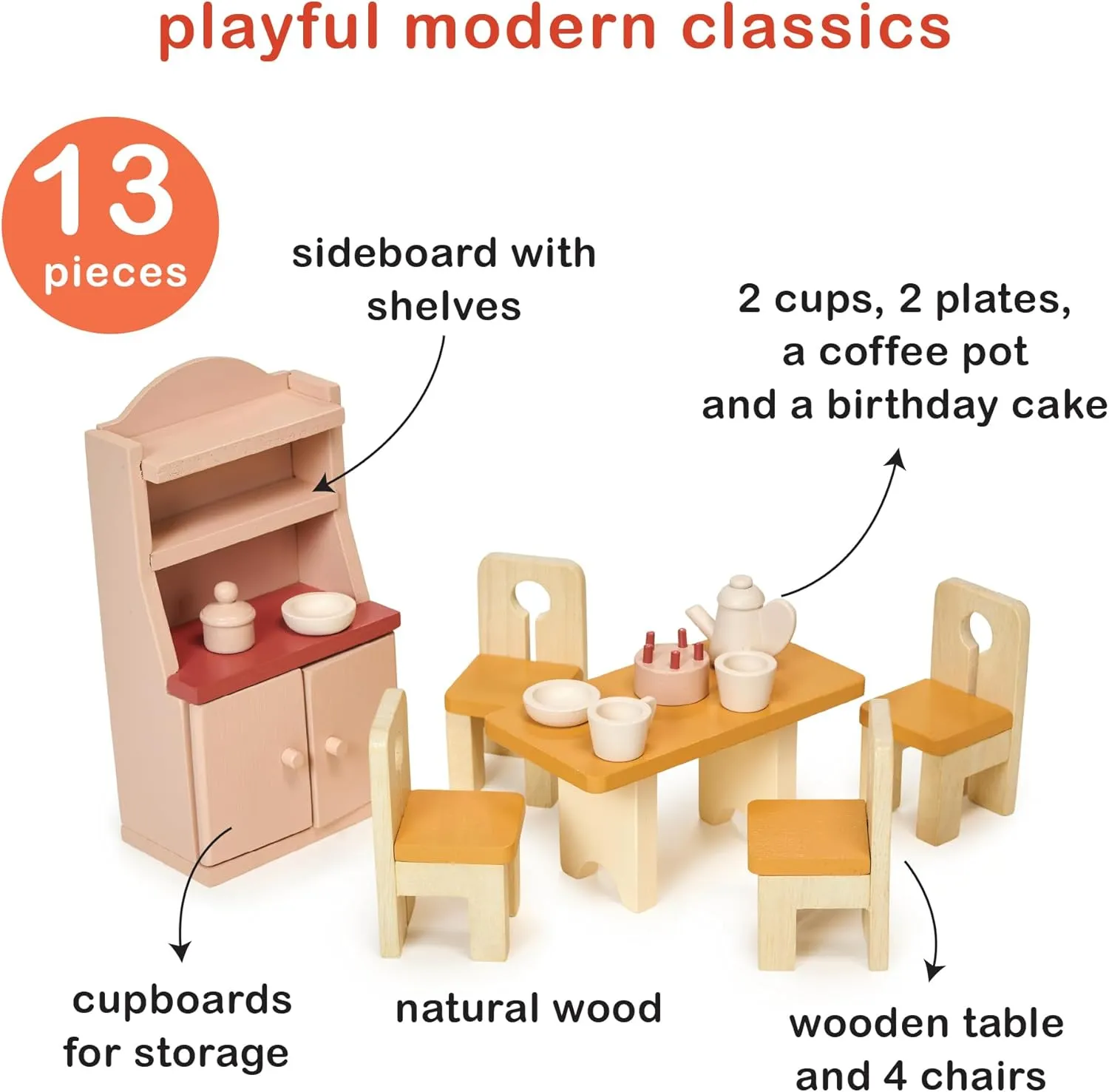 Mentari Toys - Dining Room - Wooden Dollhouse Furniture Set for Dollhouse Dining Room - Furniture Incl Table, 4 Charis, Sideboard and Other Accessories - Age 3 