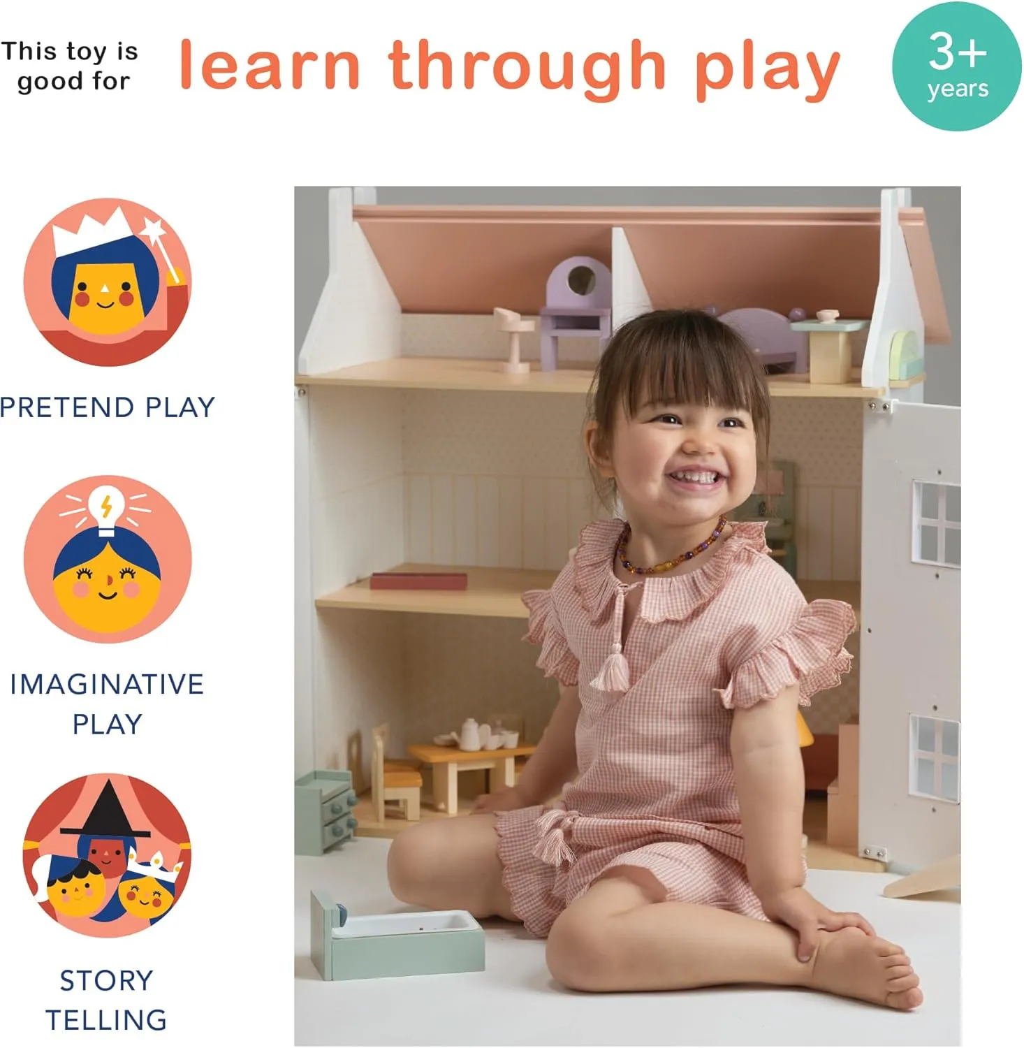 Mentari Toys - Dining Room - Wooden Dollhouse Furniture Set for Dollhouse Dining Room - Furniture Incl Table, 4 Charis, Sideboard and Other Accessories - Age 3 