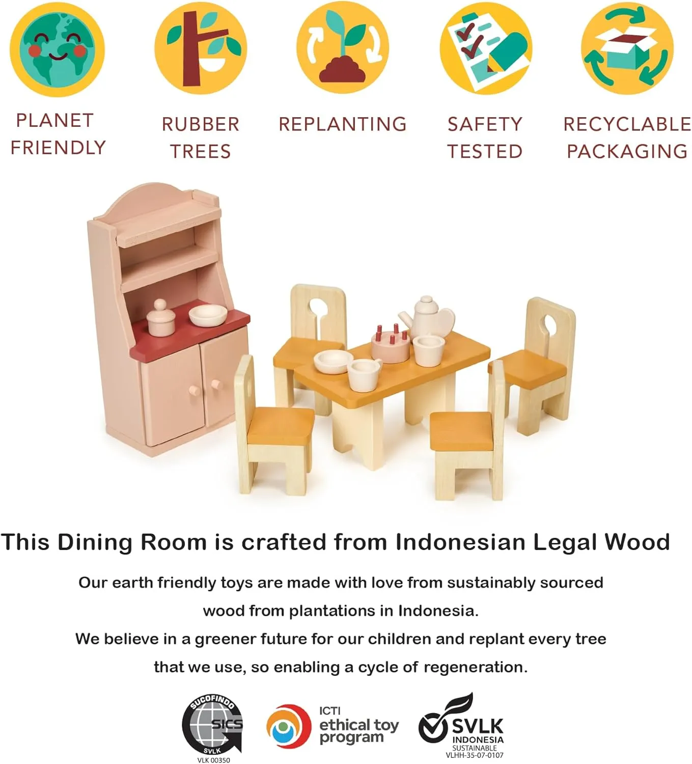 Mentari Toys - Dining Room - Wooden Dollhouse Furniture Set for Dollhouse Dining Room - Furniture Incl Table, 4 Charis, Sideboard and Other Accessories - Age 3 