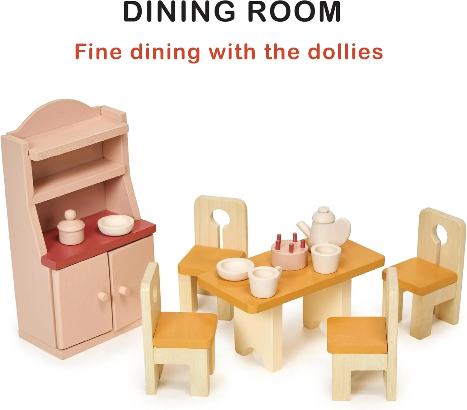 Mentari Toys - Dining Room - Wooden Dollhouse Furniture Set for Dollhouse Dining Room - Furniture Incl Table, 4 Charis, Sideboard and Other Accessories - Age 3 