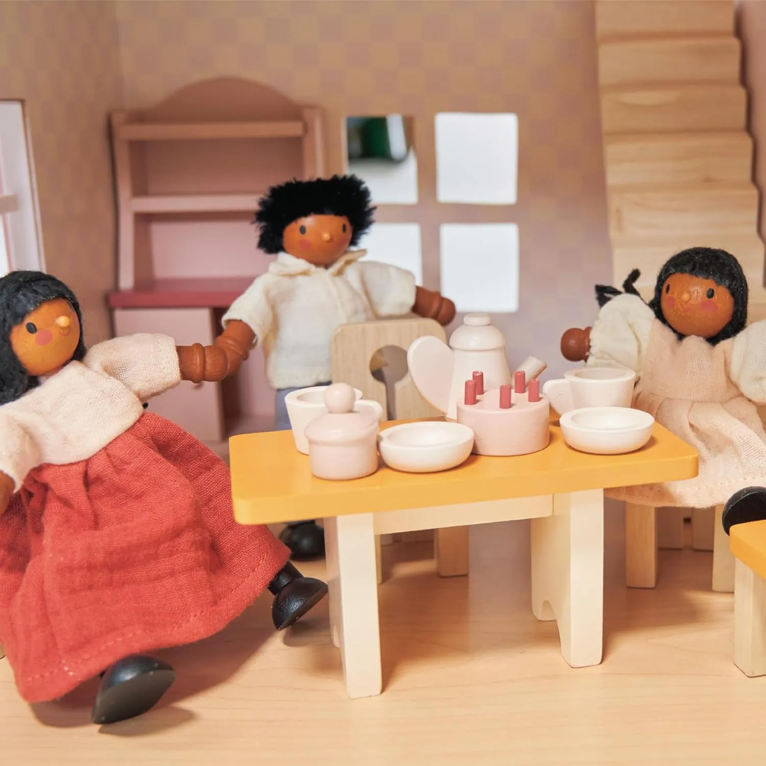 Mentari Toys - Dining Room - Wooden Dollhouse Furniture Set for Dollhouse Dining Room - Furniture Incl Table, 4 Charis, Sideboard and Other Accessories - Age 3 