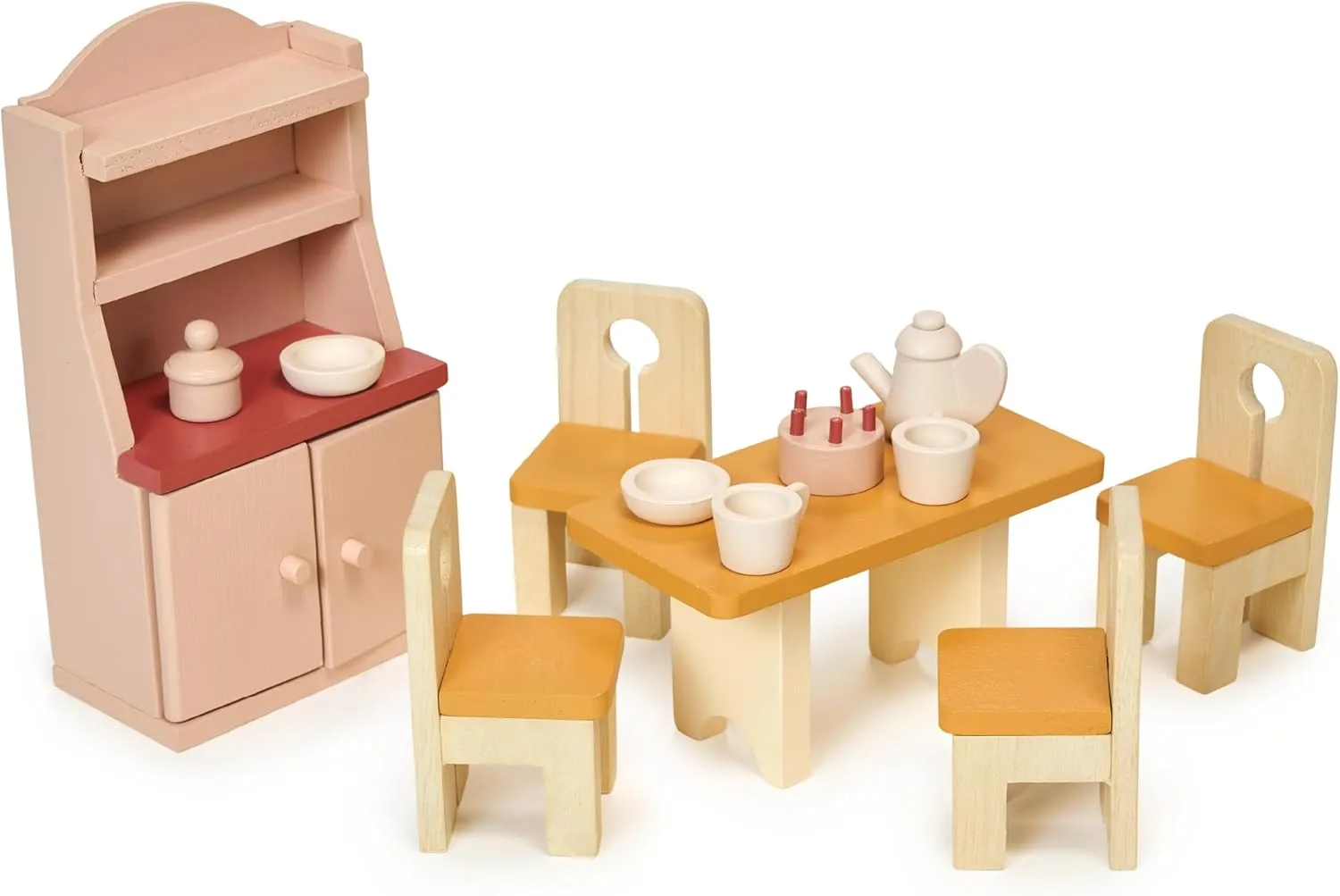 Mentari Toys - Dining Room - Wooden Dollhouse Furniture Set for Dollhouse Dining Room - Furniture Incl Table, 4 Charis, Sideboard and Other Accessories - Age 3 