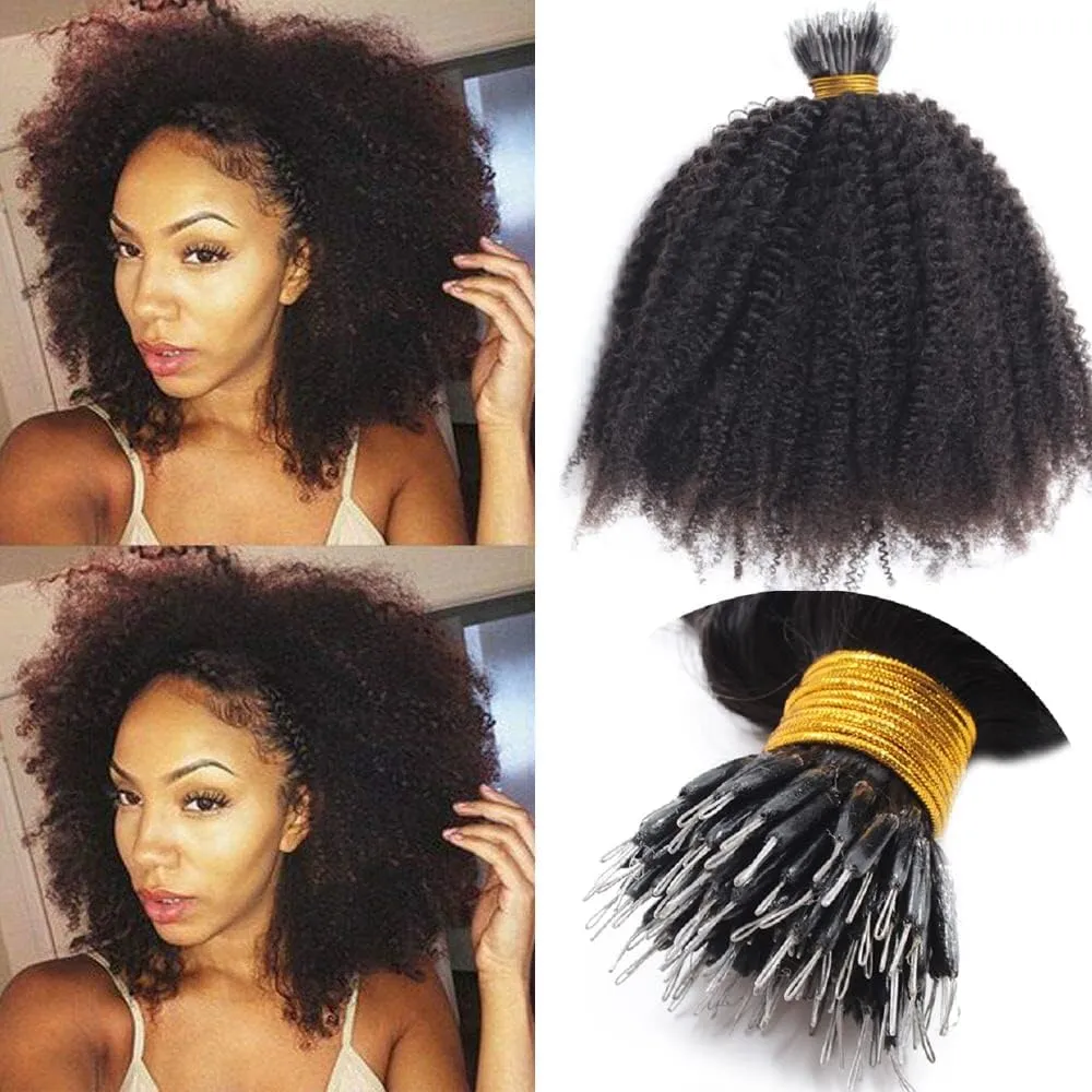 Microlink Afro Kinky Curly Nano Ring Human Hair Extension Pre Bonded Brazillian Remy Nano Ring I Tip Hair Small Curly Micro Beads Hair Extension 100g 100strands (18inch 100strands, #4(Dark Brown))