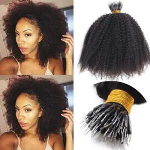 Microlink Afro Kinky Curly Nano Ring Human Hair Extension Pre Bonded Brazillian Remy Nano Ring I Tip Hair Small Curly Micro Beads Hair Extension 100g 100strands (18inch 100strands, #4(Dark Brown))