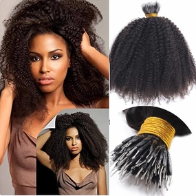Microlink Nano Ring I Tip Human Hair Extension Afro Kinky Curly Brazilian Remy Nano Ring Micro Beads Human Hair Extension 100g 100strands (20inch 100strands, Natural Black)