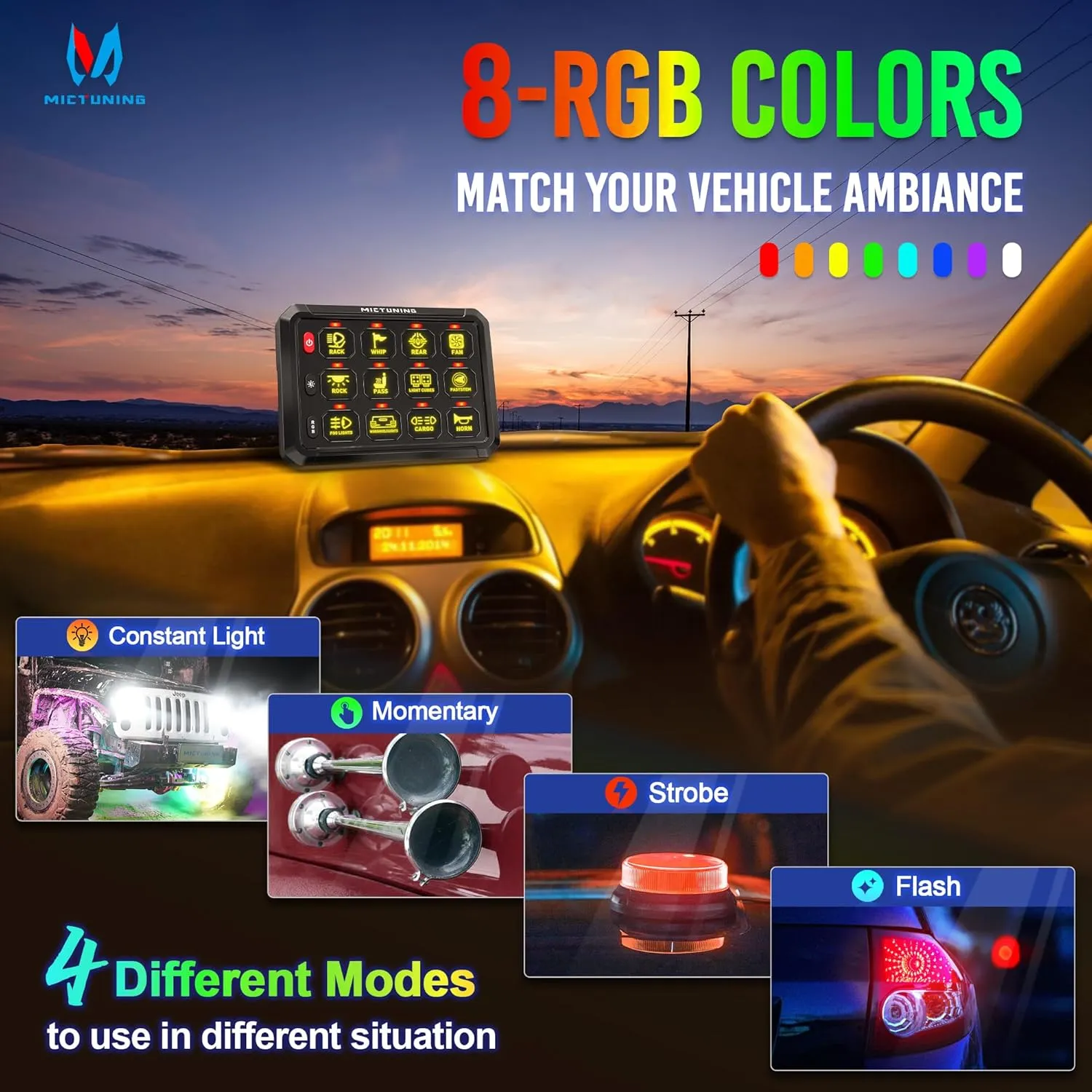 MICTUNING Upgraded P1s-X RGB 5 Inch 12 Gang Switch Panel, Multifunction Toggle Momentary Strobe Pulsed Switch Pod, 5-Level Brightness Circuit Control Relay System Box for Truck RV Offroad Marine