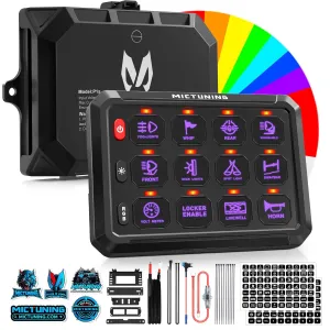 MICTUNING Upgraded P1s-X RGB 5 Inch 12 Gang Switch Panel, Multifunction Toggle Momentary Strobe Pulsed Switch Pod, 5-Level Brightness Circuit Control Relay System Box for Truck RV Offroad Marine