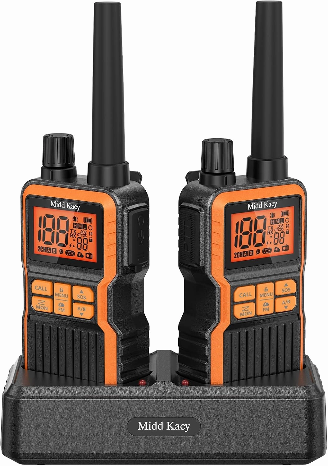 Midd Kacy Walkie Talkies,2 Way Radio Long Range,60 Channel GMRS Radio with 121 Privacy Codes,IP55 Waterproof,SOS,NOAA Weather Alerts,VOX,Dual Watch(Black/Orange,2 Pack)