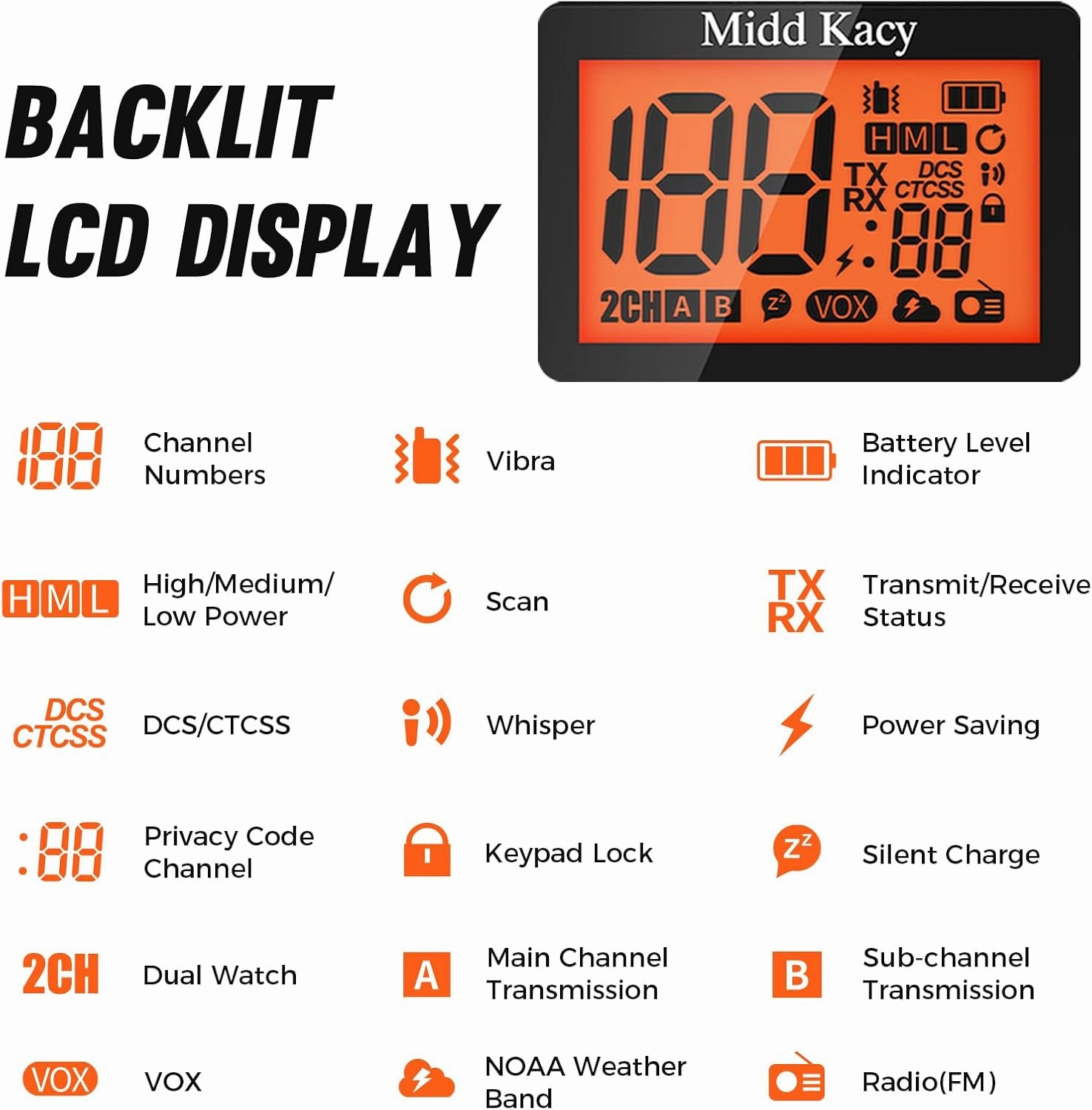 Midd Kacy Walkie Talkies,2 Way Radio Long Range,60 Channel GMRS Radio with 121 Privacy Codes,IP55 Waterproof,SOS,NOAA Weather Alerts,VOX,Dual Watch(Black/Orange,2 Pack)
