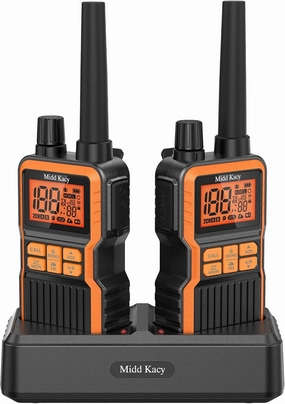 Midd Kacy Walkie Talkies,2 Way Radio Long Range,60 Channel GMRS Radio with 121 Privacy Codes,IP55 Waterproof,SOS,NOAA Weather Alerts,VOX,Dual Watch(Black/Orange,2 Pack)