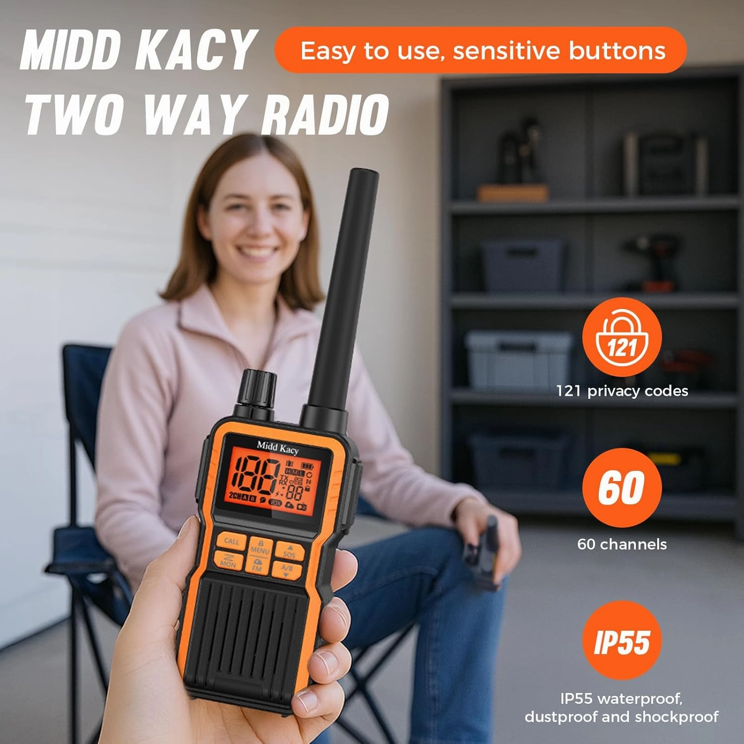 Midd Kacy Walkie Talkies,2 Way Radio Long Range,60 Channel GMRS Radio with 121 Privacy Codes,IP55 Waterproof,SOS,NOAA Weather Alerts,VOX,Dual Watch(Black/Orange,2 Pack)
