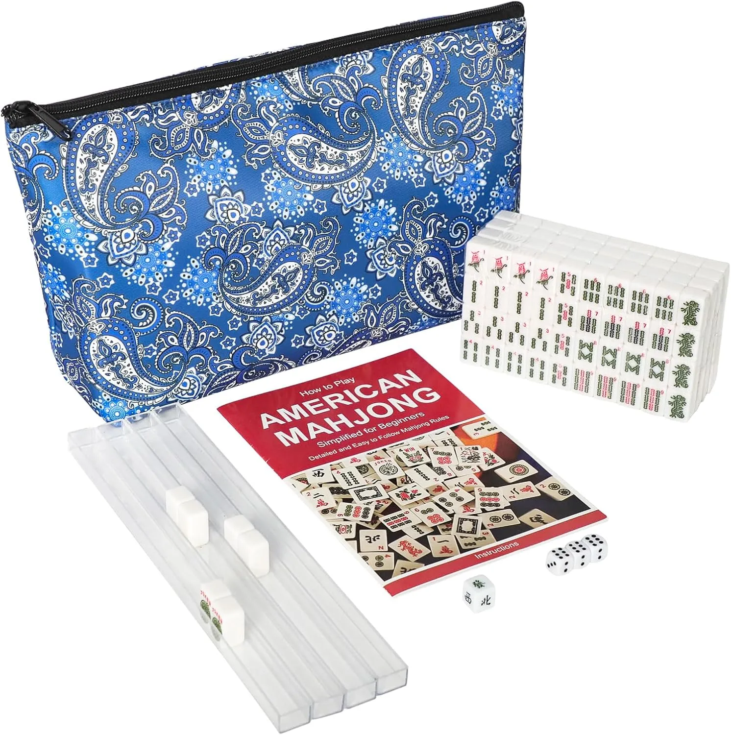 Mini Mahjong Set, American Mahjong Game Set with 166 White Tiles (0.8’’), 4 Racks & Thickened Blue Printed Bag, Portable Travel Mahjong Tiles Set