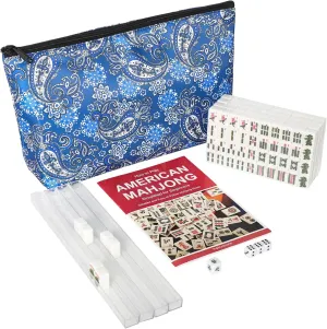 Mini Mahjong Set, American Mahjong Game Set with 166 White Tiles (0.8’’), 4 Racks & Thickened Blue Printed Bag, Portable Travel Mahjong Tiles Set